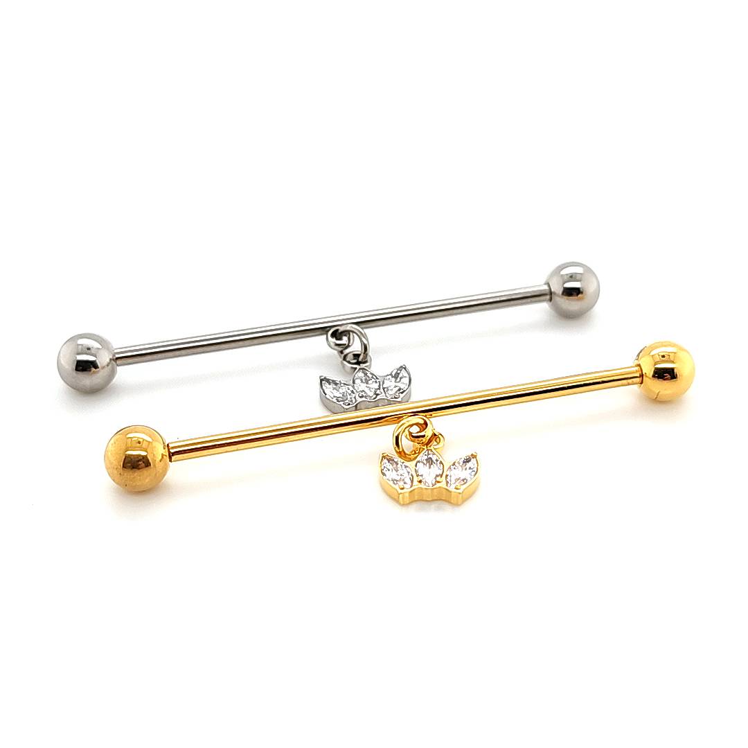 16g/14g Industrial Barbell- Casting CZ Crown Dangle- 316L S. Steel