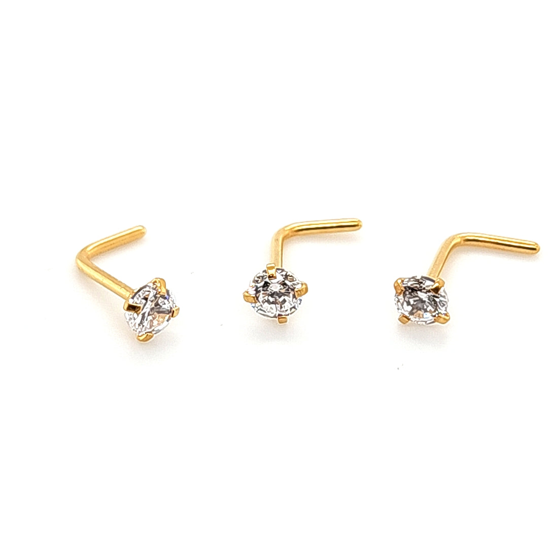 20G Nose L Shape, Round CZ - Gold Steel
