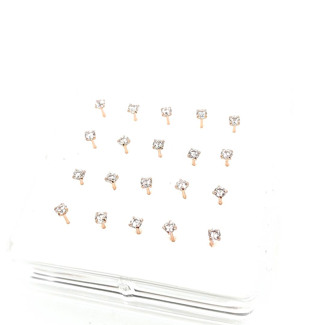 22G Nose Stud Ball End, CZ Prong Set-316L S. Steel Gold & Rosegold