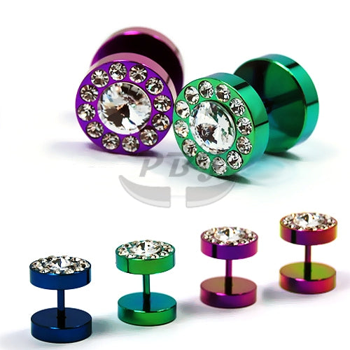 16G Fake Barbell, 00G Multi Jeweled-Color Steel
