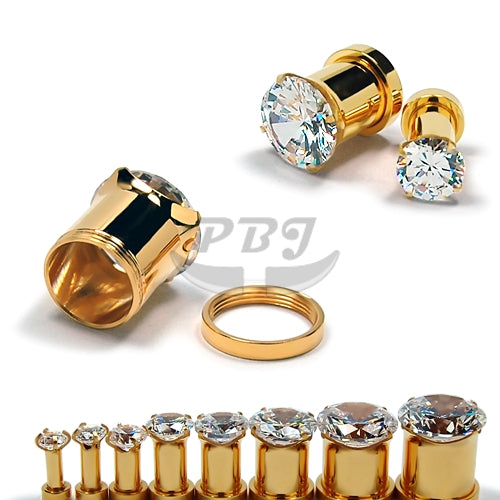 Cz Set Metal Flesh Tunnel- Gold Steel
