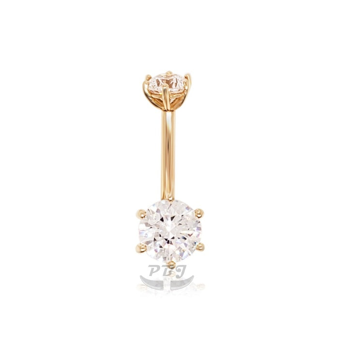 14K Gold- 14G Double CZ Set Prong Navel Ring