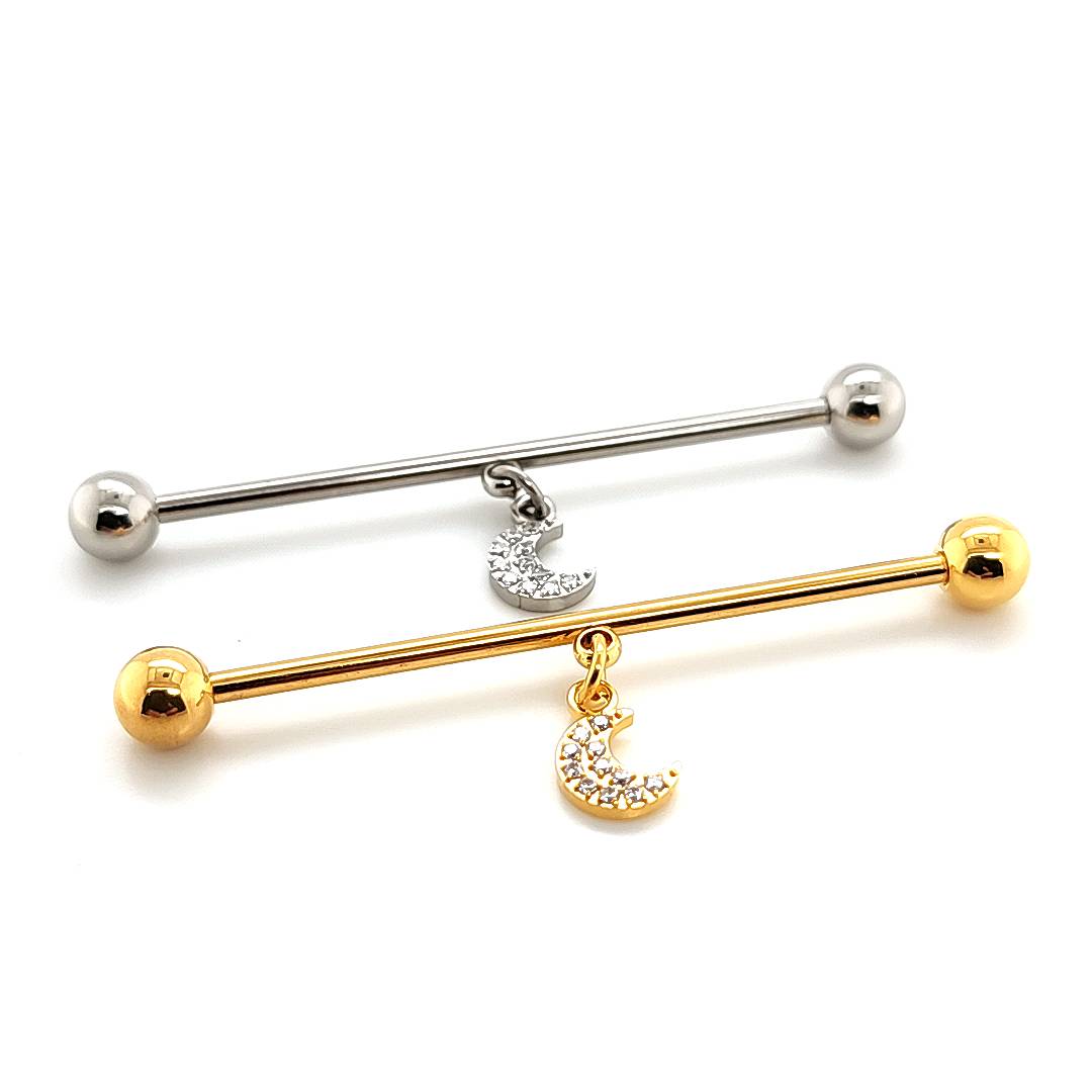 16g/14g Industrial Barbell- Casting CZ Moon Dangle- 316L S. Steel