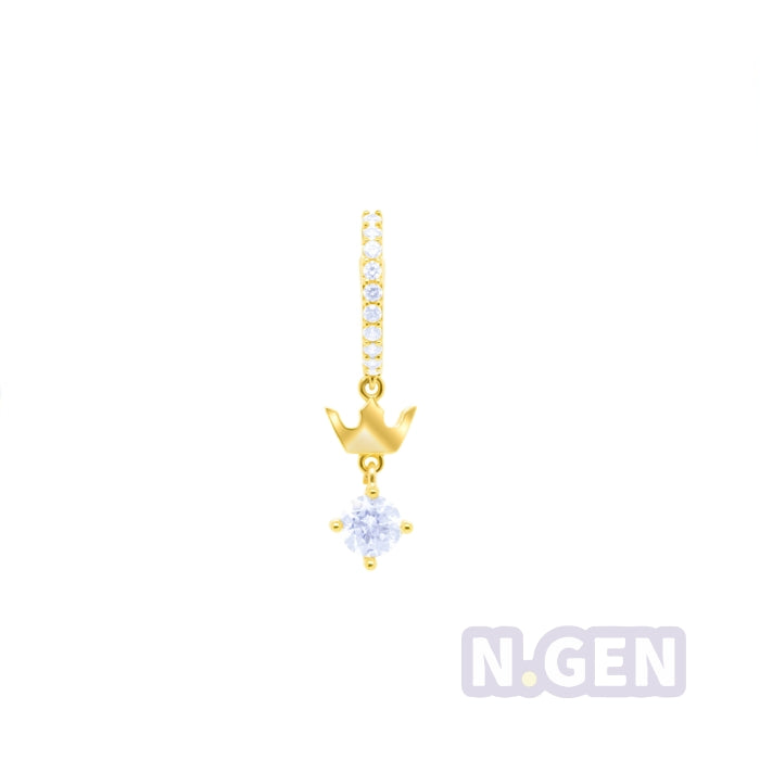 14K Gold- CZ Hoop Earring w/ Crown Dangle