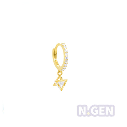 14K Gold- CZ Hoop Earring w/ Reverse Triangle Dangle