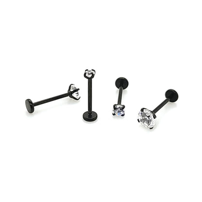 20G Back Push Labret, CZ Prong Set -Black Steel