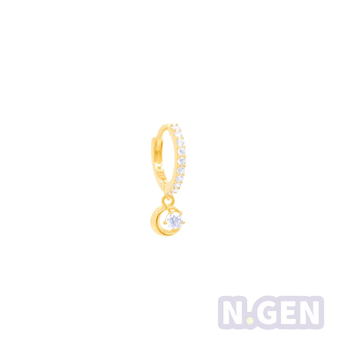 14K Gold- CZ Hoop Earring w/ Crescent Dangle