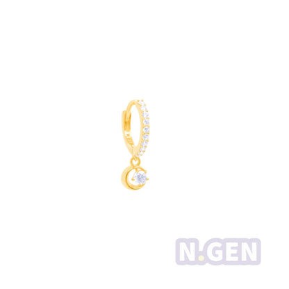 14K Gold- CZ Hoop Earring w/ Crescent Dangle