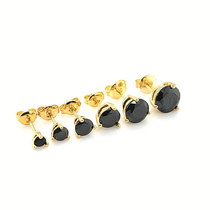 3 Prong Round Black CZ Earstud- Yellow Gold