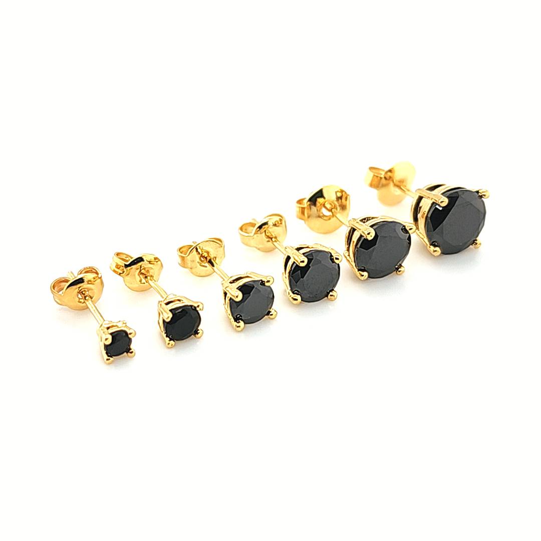 4 Prong Round Black CZ Earstud-Yellow Gold