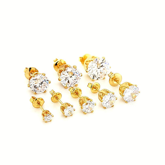 6 Prong Round Clear CZ Earstud- Yellow Gold