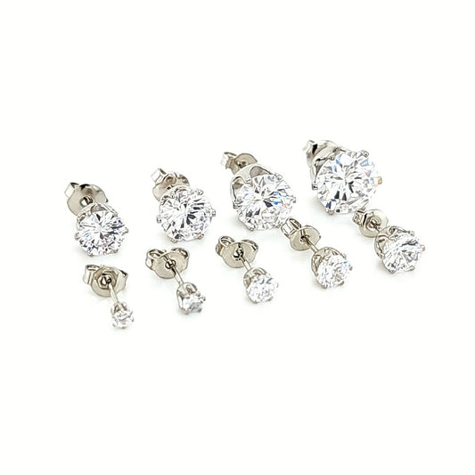 6 Prong Round Clear CZ Earstud-White Gold
