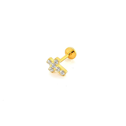 18G Labret- Casting CZ Cross- Gold Steel