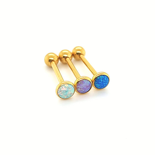 14G Barbell, Opal Cabochon - Gold Steel