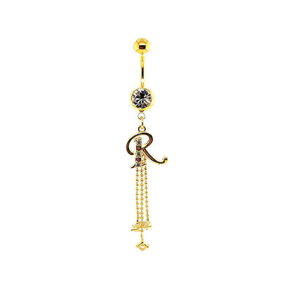 14G Belly-Initial Dangle J~R - Gold Steel