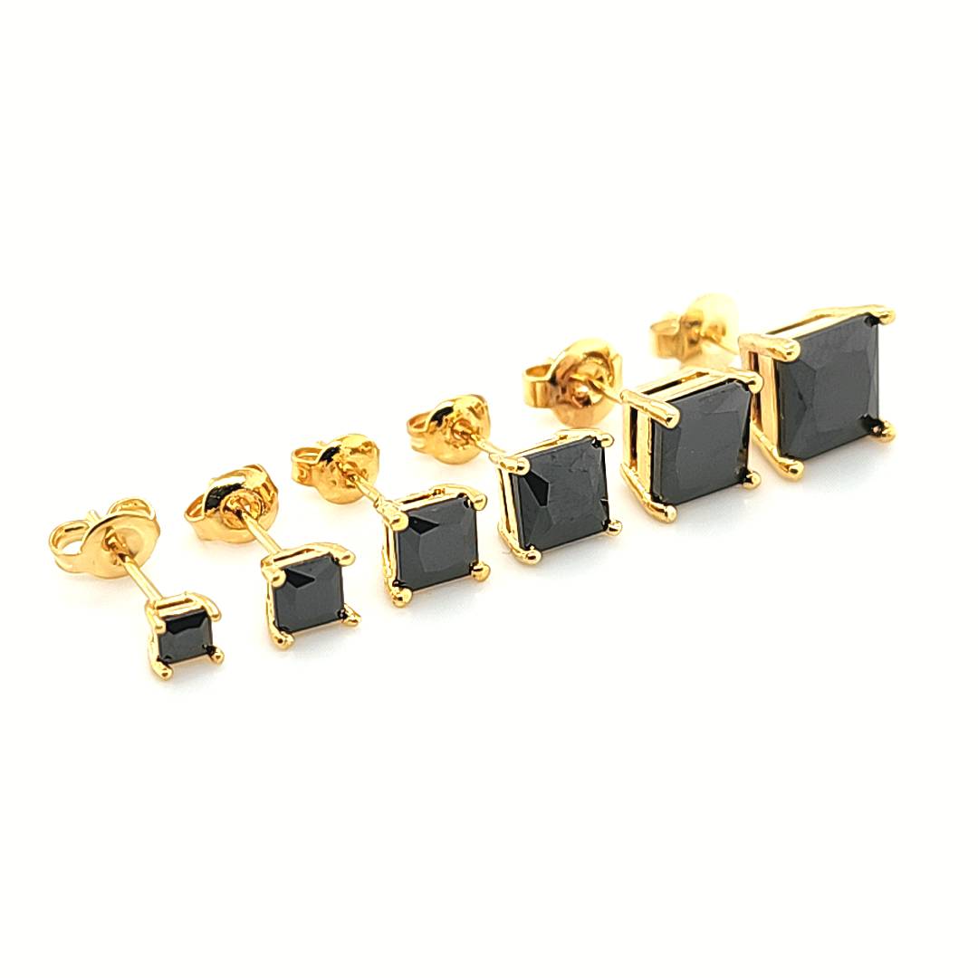 Square Black CZ Earstud Yellow Gold