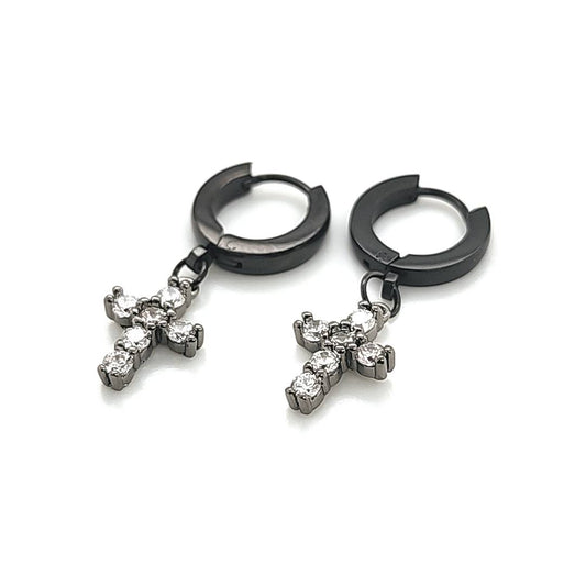 CZ Cross Dangle Hoop Earring - Black Steel