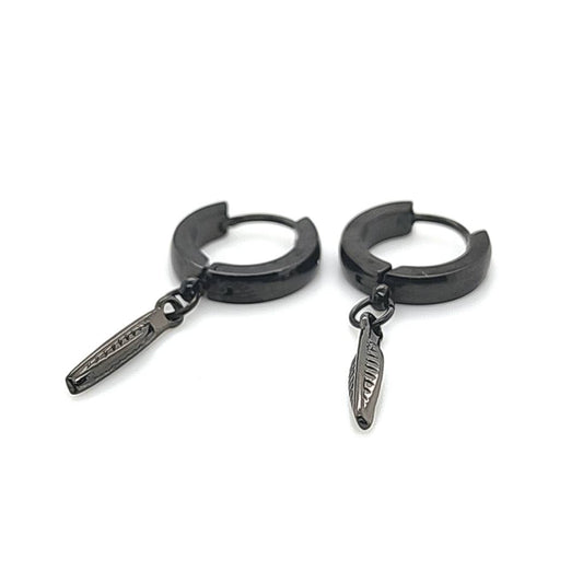 Round Hoop Earring w/Small Feather- Black Steel