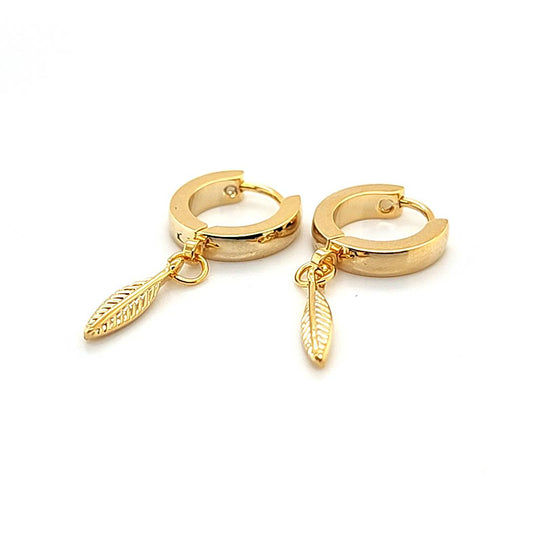 Round Hoop Earring w/Small Feather- Gold Steel