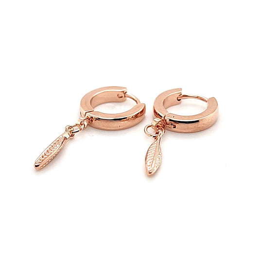 Round Hoop Earring w/Small Feather- Rosegold Steel