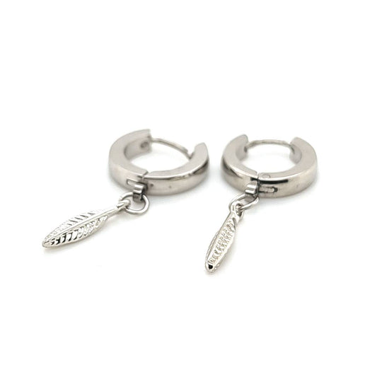 Round Hoop Earring w/Small Feather - 316L S. Steel