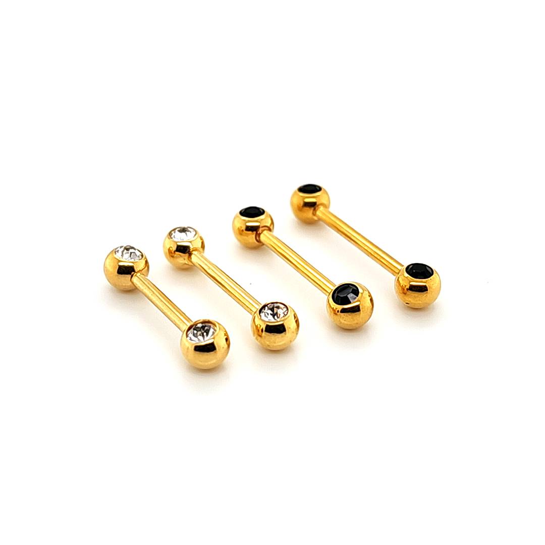 14G Nipple Barbell, Front Gem-Gold Steel
