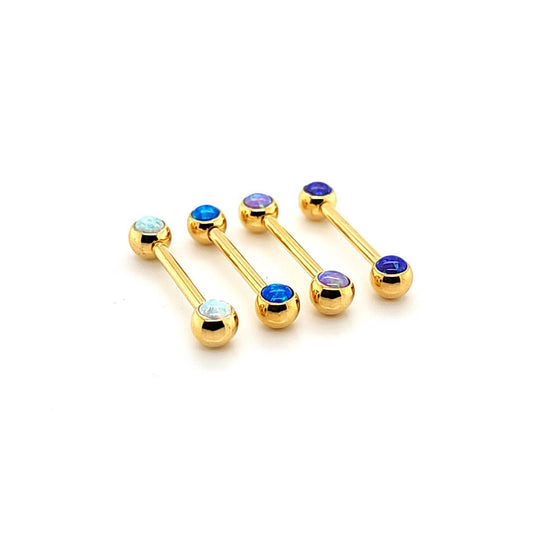 14G Nipple Barbell, Push Opal See front -Gold Steel