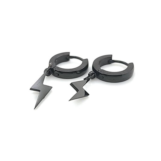 Round Hoop w/Lightning Bolt Dangle Earring- Black Steel
