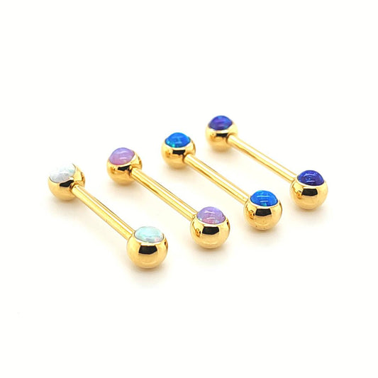 14G Nipple Barbell, Opal See front -Gold Steel
