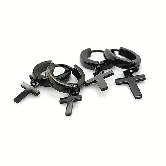 Round Hoop w/Cross Dangle Earring- Black Steel
