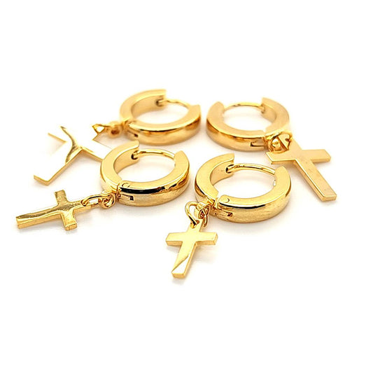 Round Hoop w/Cross Dangle Earring- Gold Steel