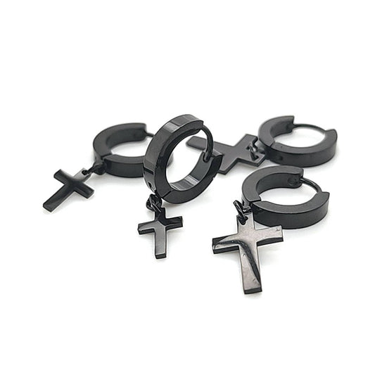 Square Hoop w/Cross Dangle Earring- Black Steel