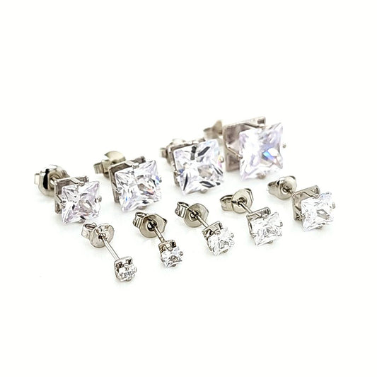 Square Clear CZ Earstud Light Weight - White Gold