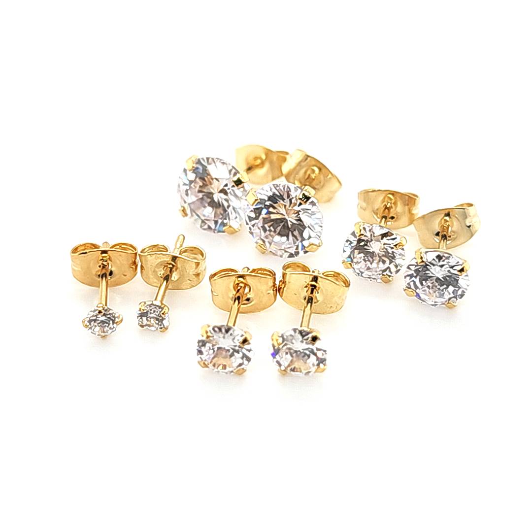 4 Prong Round Clear CZ Earstud-Gold Steel