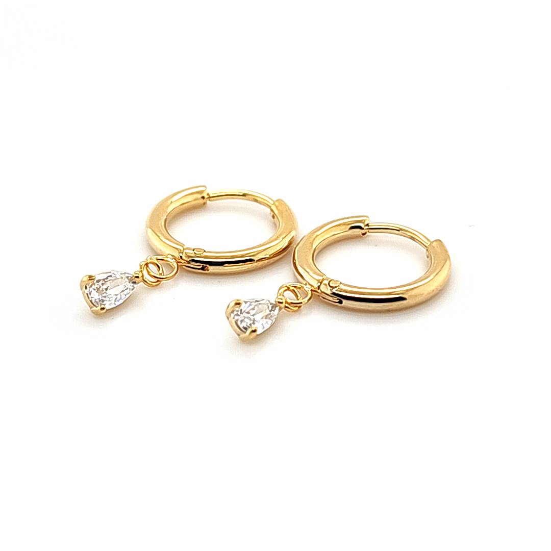 Thin Round Hoop Earring w/Tear Drop CZ - Gold Steel