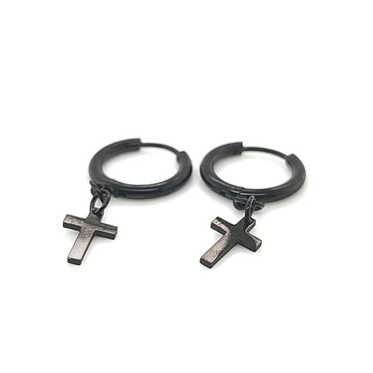 Thin Round Hoop w/Small Cross Dangle Earring- Black Steel