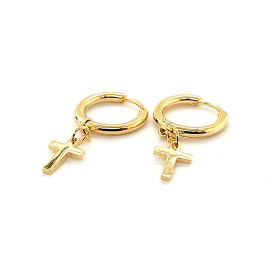 Thin Round Hoop w/Small Cross Dangle Earring- Gold Steel