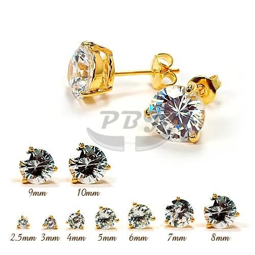 3 Prong Round Clear CZ Earstud-Yellow Gold