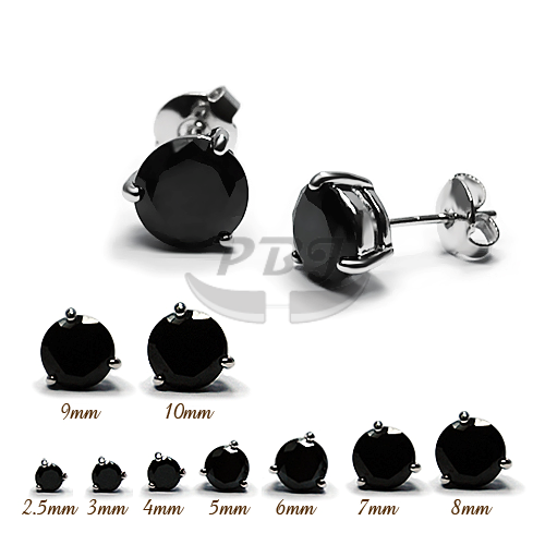 3 Prong Round Black CZ Earstud-White Gold