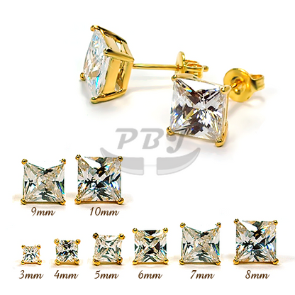 Square Clear CZ Earstud Yellow Gold