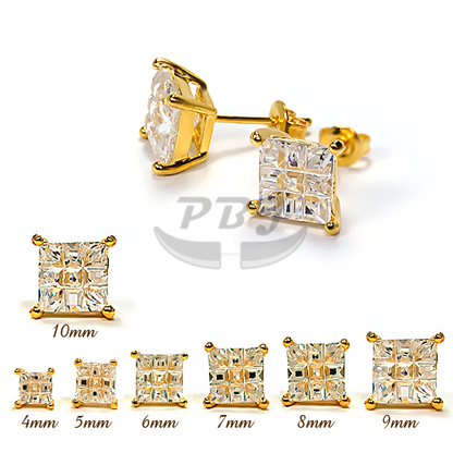 Invisible Square Clear CZ Earstud Yellow Gold