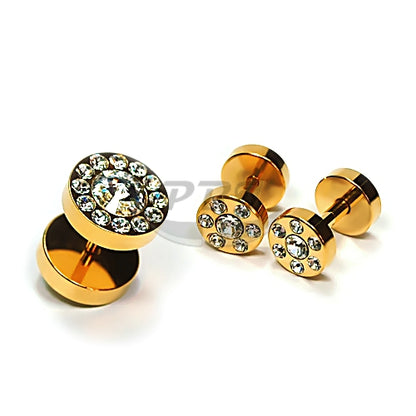 16G 0G/00G Fake Barbell, Multi Jeweled-Gold Steel & Rose Gold