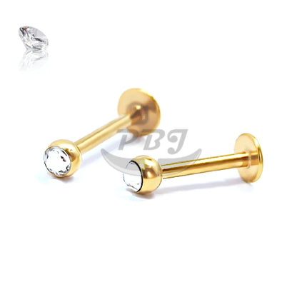 16G Labret, Flat Stone External Jeweled Ball- Gold Steel