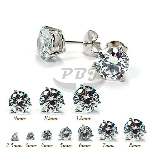 3 Prong Round Clear CZ Earstud-White Gold